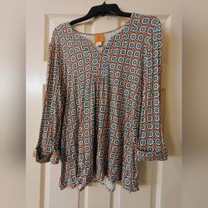 Ruby Rd. Teal and Brown Patterned Blouse